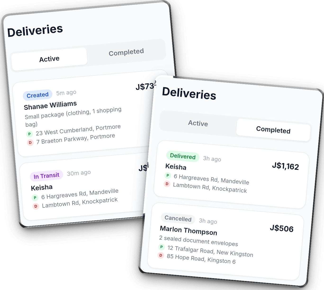Active and completed deliveries list